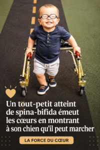 Un bambin souriant avec un chien, habillé de manière colorée, avec une ambiance joyeuse.