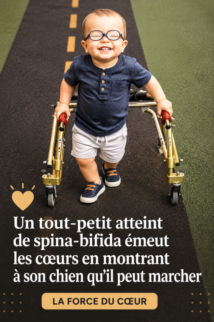 Un bambin souriant avec un chien, habillé de manière colorée, avec une ambiance joyeuse.