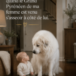 Un bébé assis jouant à côté d'un Grand Pyrénées, illustrant leur complicité