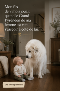 Un bébé assis jouant à côté d'un Grand Pyrénées, illustrant leur complicité