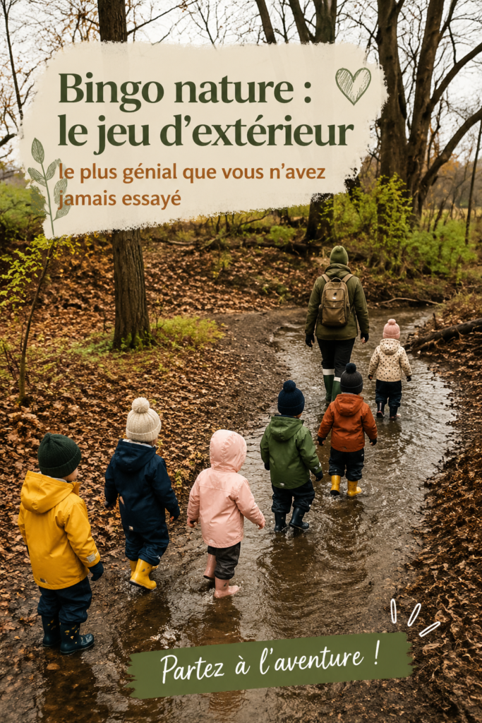 Une famille jouant ensemble au bingo de la nature dans un parc, sourires aux lèvres.