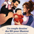 Couple dessinant des bandes dessinées illustrant les défis parentaux avec humour.