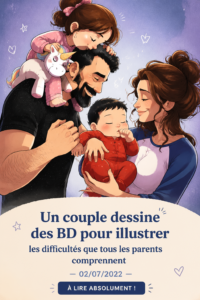 Couple dessinant des bandes dessinées illustrant les défis parentaux avec humour.