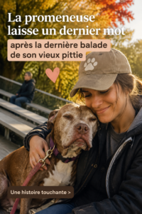 Une femme tenant en laisse un chien senior pour une dernière promenade en plein air, montrant un moment d'affection.