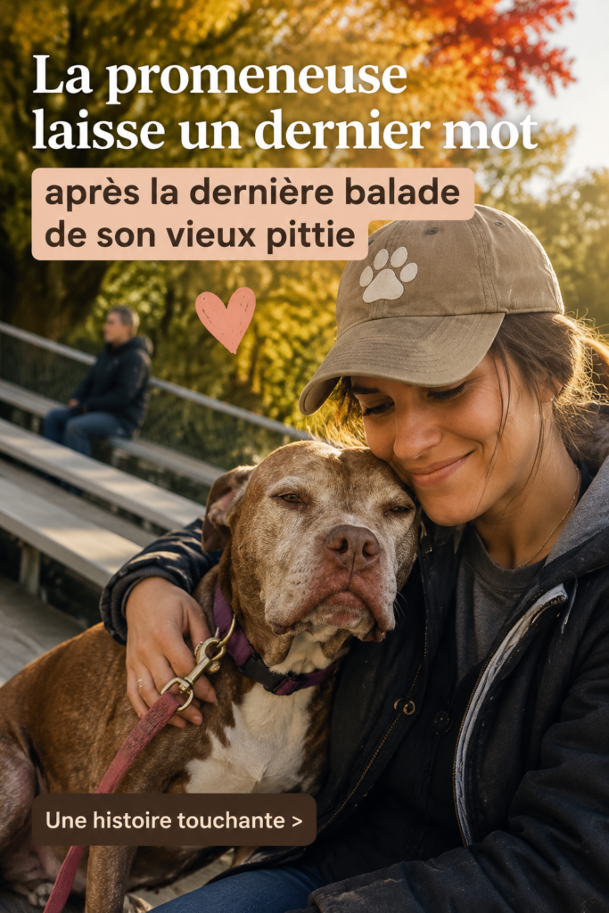 Une femme tenant en laisse un chien senior pour une dernière promenade en plein air, montrant un moment d'affection.