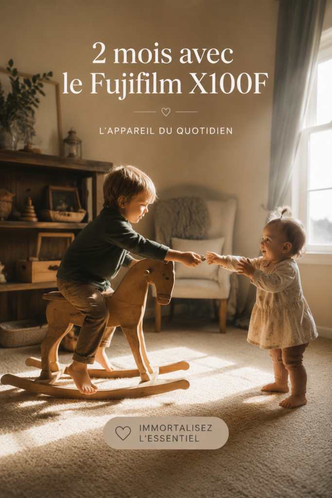 Un Fujifilm X100F posé sur une table avec des photos et un carnet de croquis.