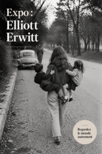Exposition d'Elliott Erwitt présentée par Milk Magazine, avec des œuvres emblématiques en arrière-plan.