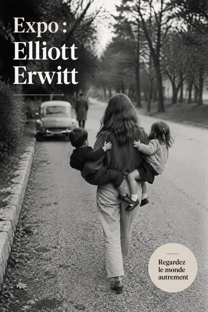 Exposition d'Elliott Erwitt présentée par Milk Magazine, avec des œuvres emblématiques en arrière-plan.