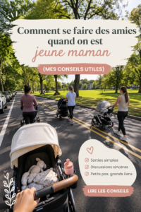Nouvelle maman dans un parc jouant avec son bébé et discutant avec d'autres mamans.