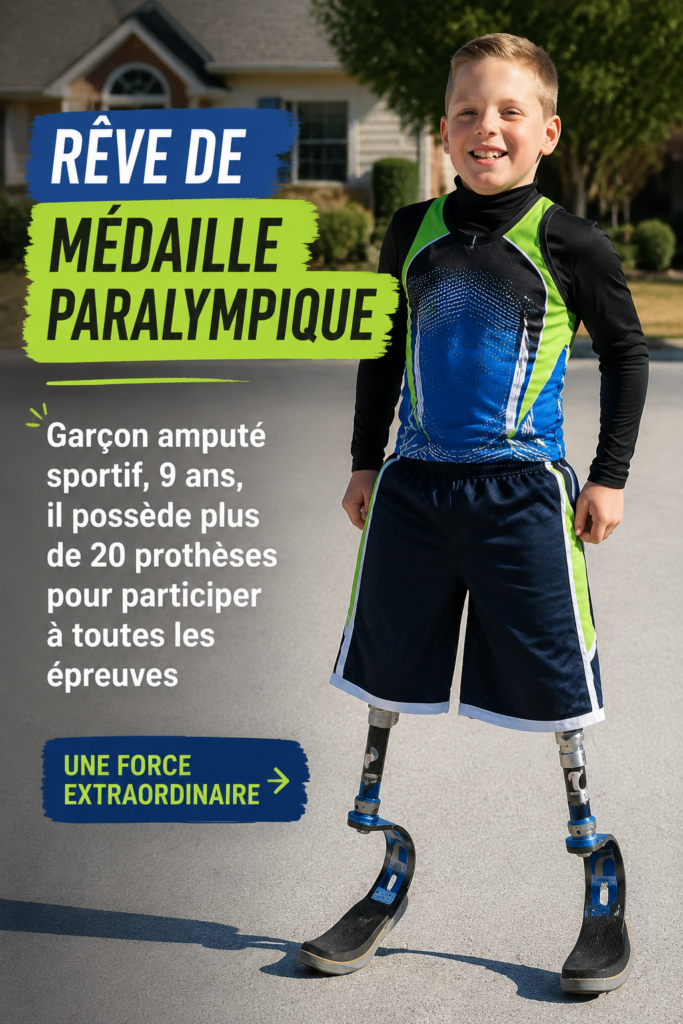 Portrait d'un jeune athlète amputé souriant, avec ses prothèses sportives.