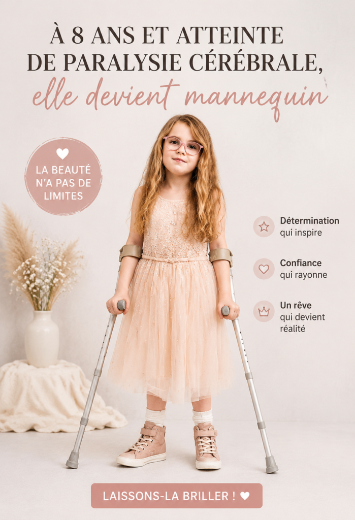 Une petite fille souriante avec un style de mannequin, représentant l'espoir et la passion.