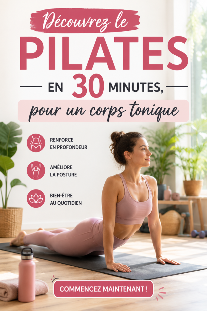Femme en plein exercice de Pilates, renforçant son corps en 30 minutes.