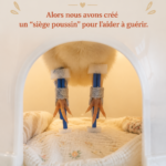 Un poulet aux plumes colorées dans un fauteuil spécialement conçu pour l'aider à se déplacer.