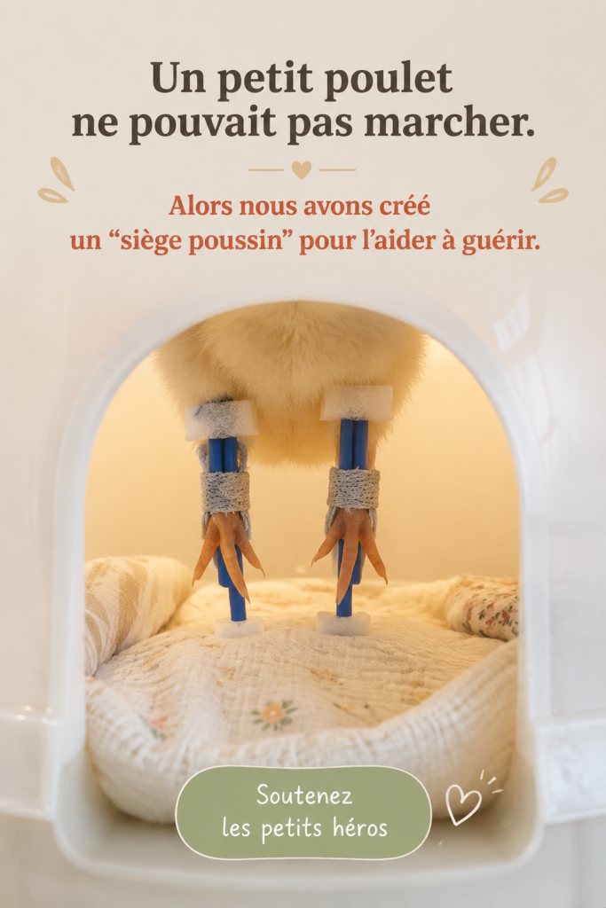 Un poulet aux plumes colorées dans un fauteuil spécialement conçu pour l'aider à se déplacer.