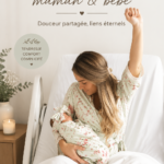 Maman et bébé posant ensemble en pyjamas assortis, sourire complice.