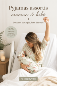 Maman et bébé posant ensemble en pyjamas assortis, sourire complice.