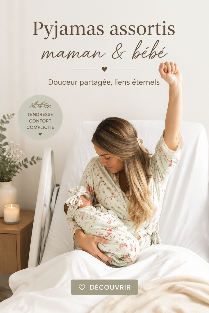 Maman et bébé posant ensemble en pyjamas assortis, sourire complice.