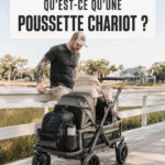 Une poussette chariot colorée avec un enfant à l'intérieur, idéale pour les sorties en famille.