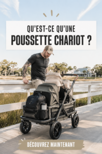 Une poussette chariot colorée avec un enfant à l'intérieur, idéale pour les sorties en famille.