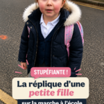 Une petite fille souriante marchant vers l'école, illustrant ses réflexions amusantes.