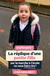 Une petite fille souriante marchant vers l'école, illustrant ses réflexions amusantes.