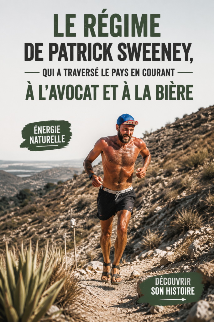 Patrick Sweeney en train de courir à travers un paysage naturel, représentant son mode de vie sain.