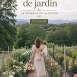 Femme élégante portant une robe de jardin au milieu de fleurs colorées.