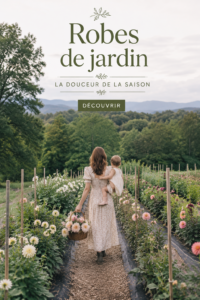Femme élégante portant une robe de jardin au milieu de fleurs colorées.