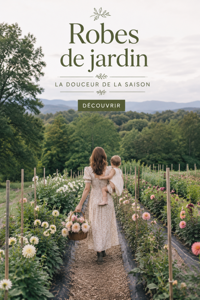 Femme élégante portant une robe de jardin au milieu de fleurs colorées.