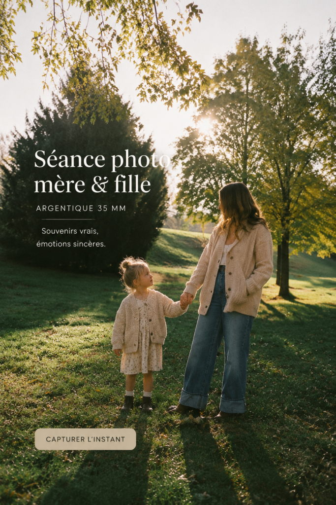 Séance photo mère-fille en extérieur, capturant des moments de complicité