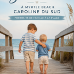 Portrait de famille sur la plage à Myrtle Beach au coucher du soleil.