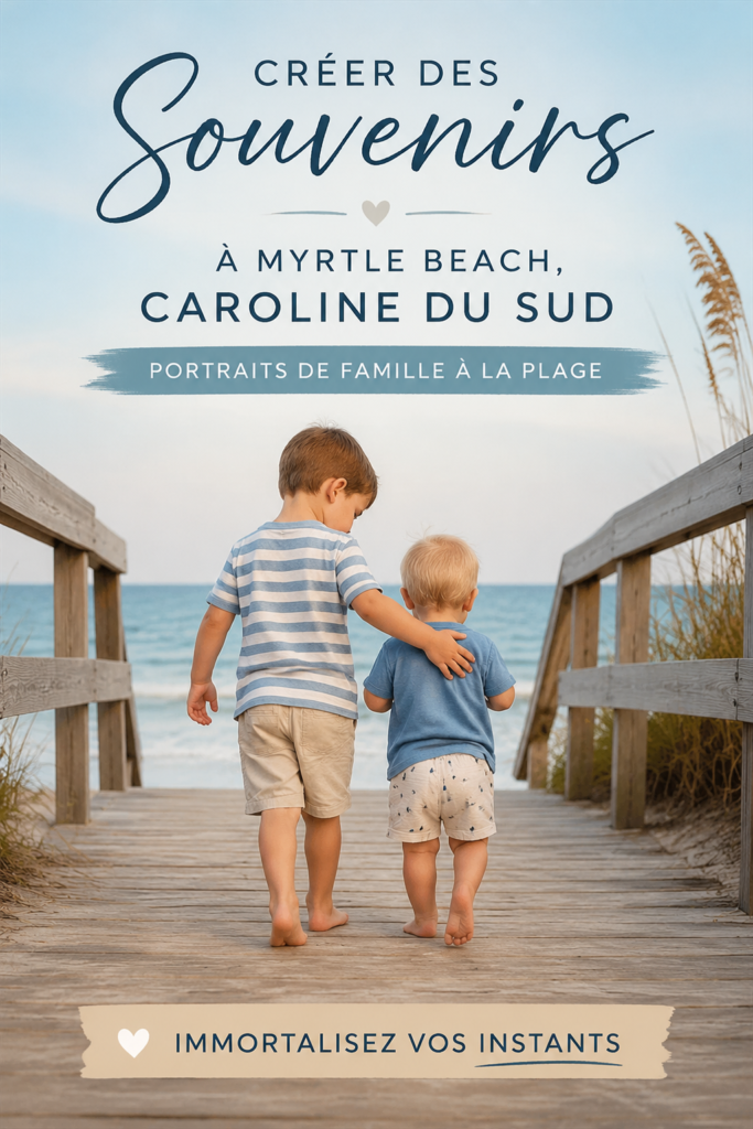 Portrait de famille sur la plage à Myrtle Beach au coucher du soleil.