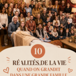 Une grande famille réunie dans un parc, souriante et pleine de vie.