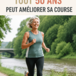 Femme de 50 ans courant dans un parc, atteignant un objectif de forme physique.