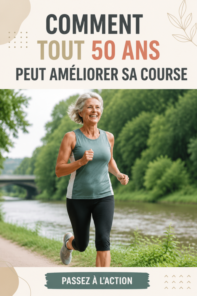 Femme de 50 ans courant dans un parc, atteignant un objectif de forme physique.