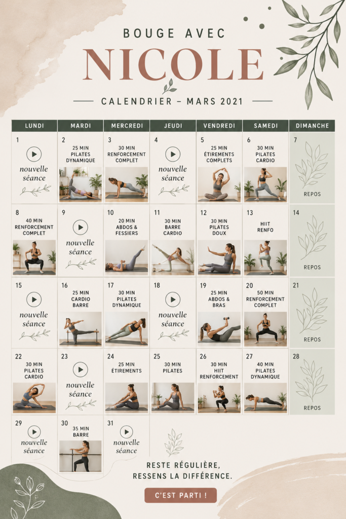 Séance de Pilates avec Nicole à la maison, atmosphère chaleureuse et encourageante