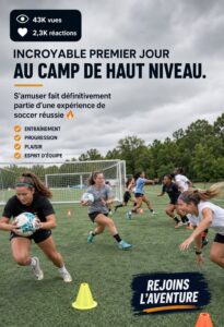 Joueurs de soccer s'entraînant joyeusement lors d'un camp dynamique