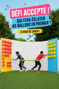 Un groupe d'amis réunis pour un challenge amusant autour de ballons colorés.