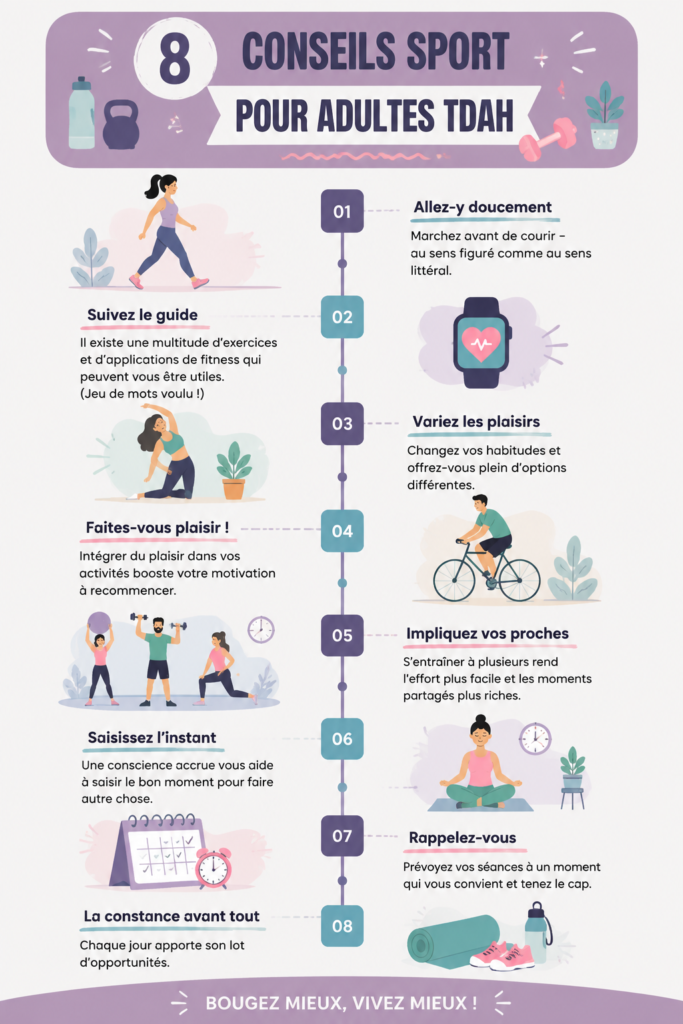 Illustration d'une séance d'exercice adaptée aux adultes atteints de TDAH, mettant en avant la convivialité et l'efficacité des activités physiques.