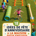 Fête d'anniversaire en plein air avec des enfants jouant et riant.