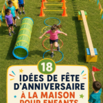 Fête d'anniversaire en plein air avec des enfants jouant et riant.