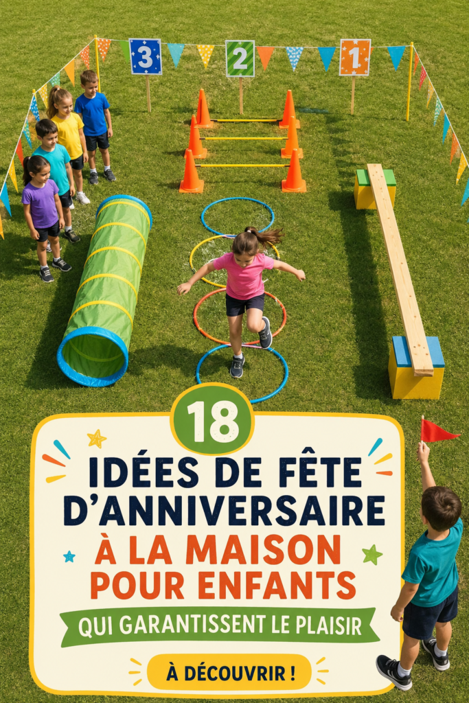 Fête d'anniversaire en plein air avec des enfants jouant et riant.