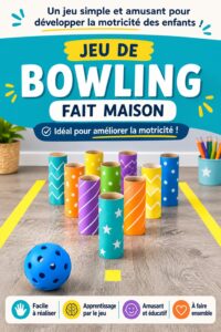 Jeune enfant jouant au bowling avec un jeu de quilles DIY fait maison.