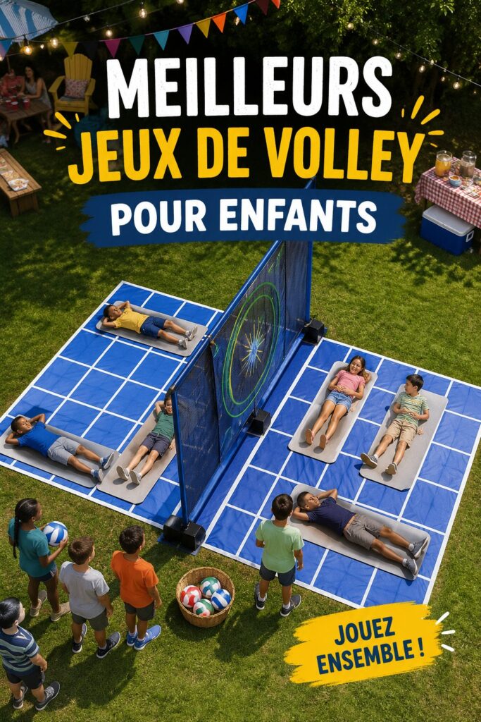 Enfants jouant au volley-ball en extérieur, courant et s’amusant.