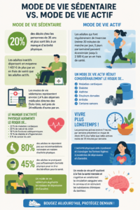 Infographie sur les différences entre vie sédentaire et active avec des conseils santé