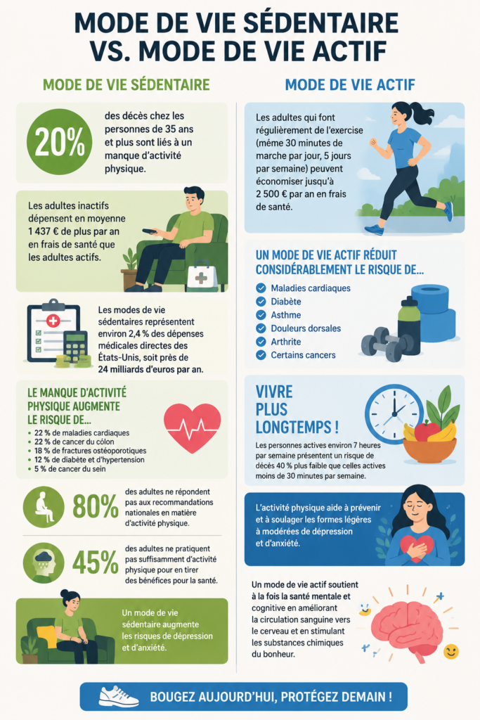 Infographie sur les différences entre vie sédentaire et active avec des conseils santé