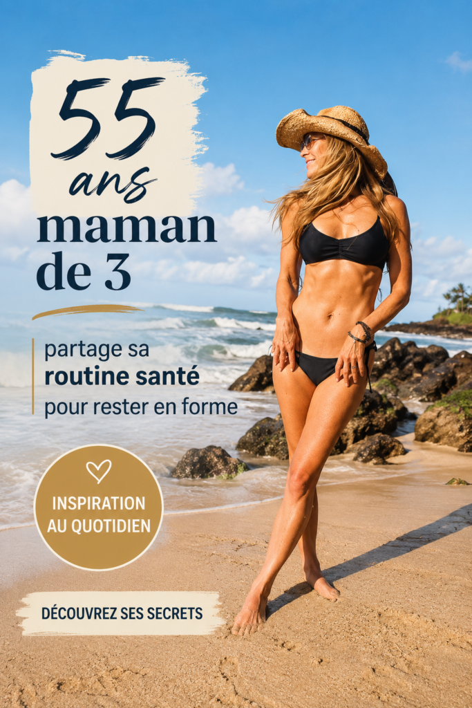 Une maman de 55 ans souriante en plein exercice de fitness à l'extérieur, symbolisant la santé et le dynamisme.