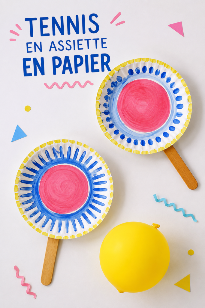 Un groupe d'enfants jouant au tennis avec des assiettes en papier dans un jardin.