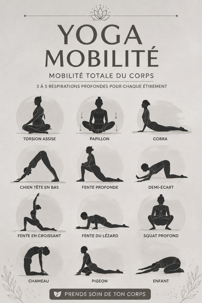 Femme pratiquant des postures de yoga sur un tapis, renforçant sa mobilité