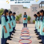 Une femme s'exerçant au basketball avec des cerceaux pour améliorer sa coordination.